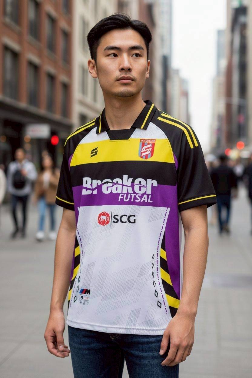 เสื้อฟุตซอล FTL882 ทีม Breaker ลายแถบสีม่วงเหลืองดำ โลโก้ SCG PlayStation