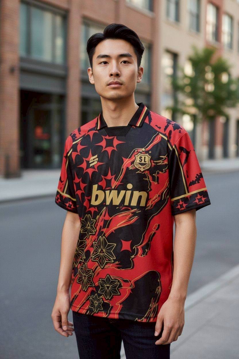 เสื้อฟุตบอล RT892 ลายดราก้อนแฟนตาซี สีแดงดำทอง ปักชื่อได้