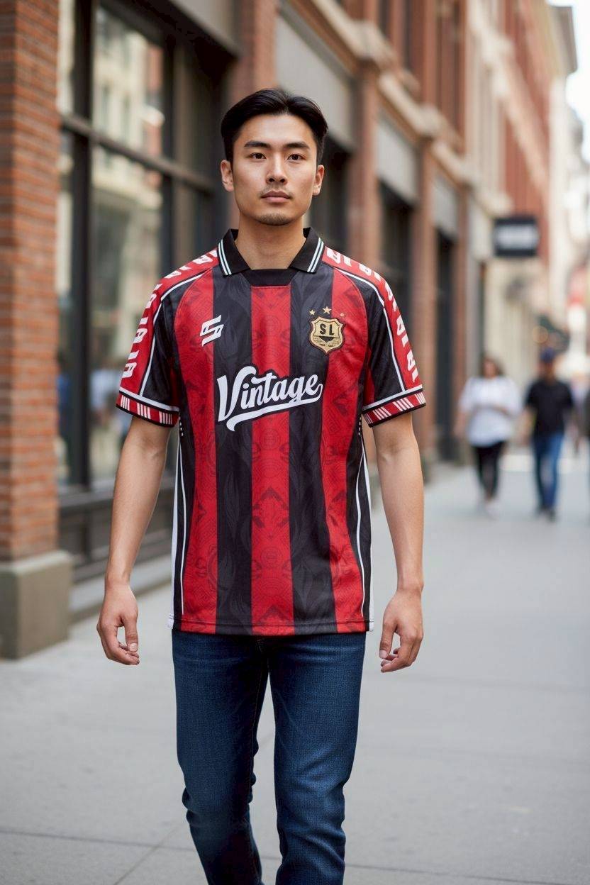 เสื้อฟุตบอล RT915 ลายทางแดงดำ Vintage Allstar น้ำมงคลไทย สไตล์คลาสสิค