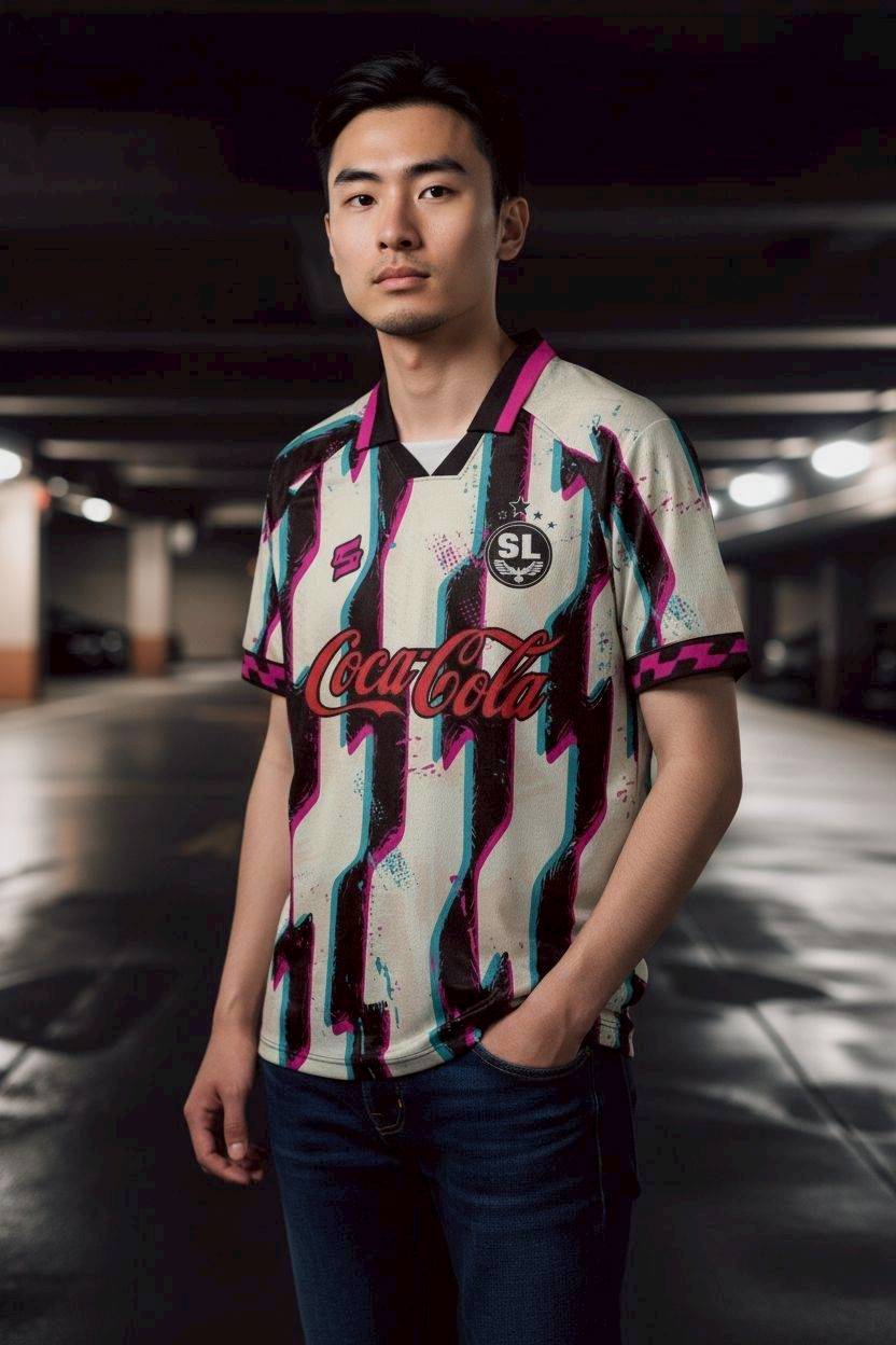 เสื้อฟุตบอล RT924 ลายกราฟิกพู่กัน สีครีมชมพูดำ โลโก้โค้ก Amazon