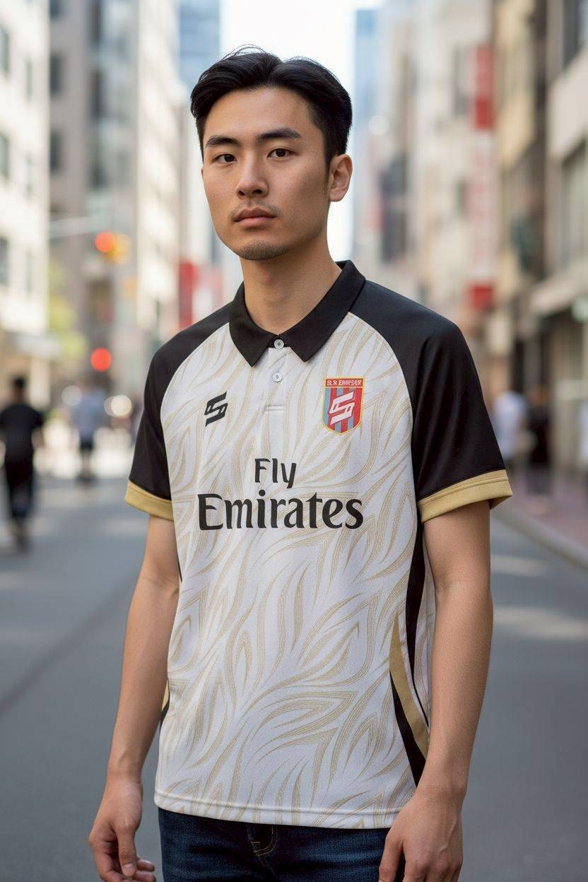 เสื้อฟุตบอล RT937 ลายเส้นทองขาว แขนดำ สปอนเซอร์ Fly Emirates เบอร์ 15