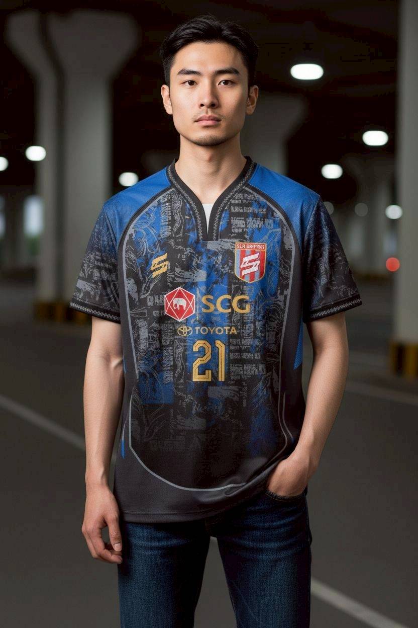 เสื้อฟุตบอล RT331 ALLSTAR 21 สีน้ำเงินดำ ลายกราฟิกเมือง โลโก้ SCG Toyota