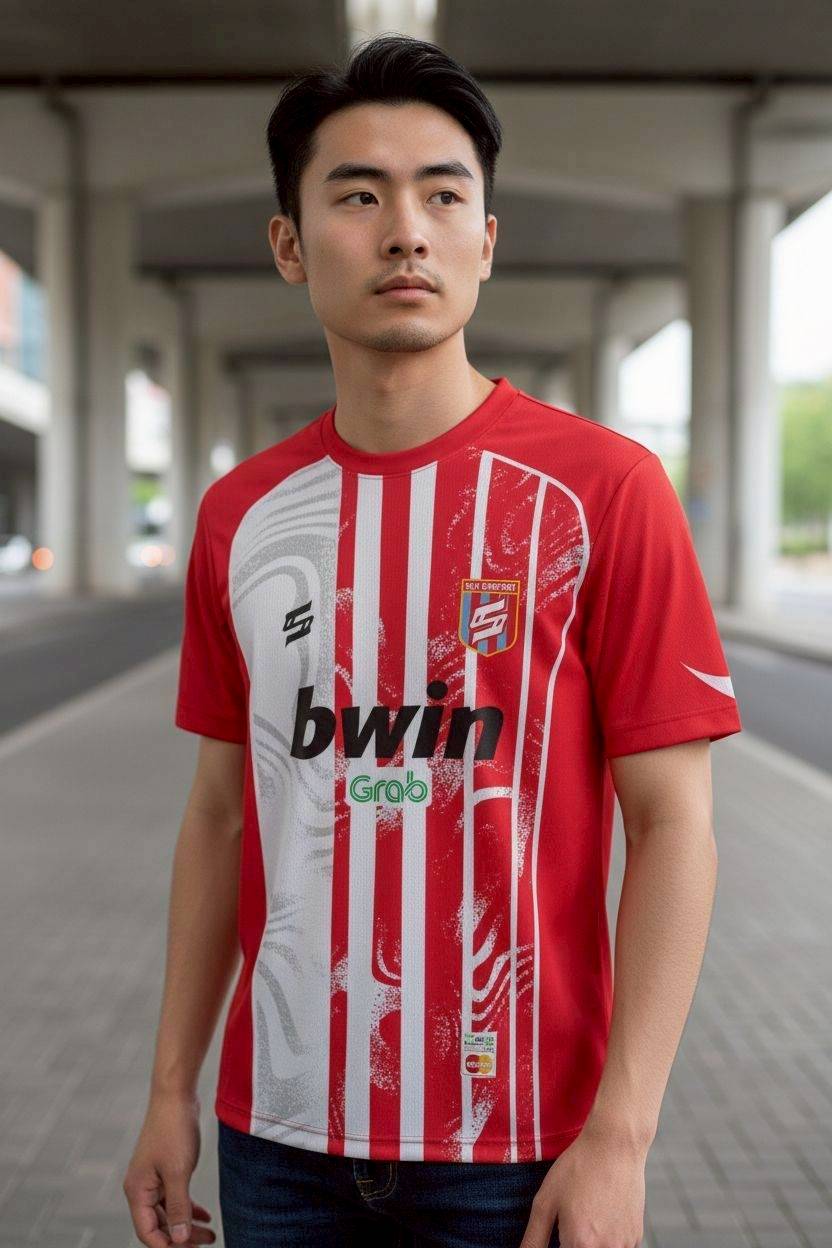 เสื้อฟุตบอล RT392 ลายแนวตั้งสีแดงขาว โลโก้ยูนิเซฟ สไตล์คลาสสิค