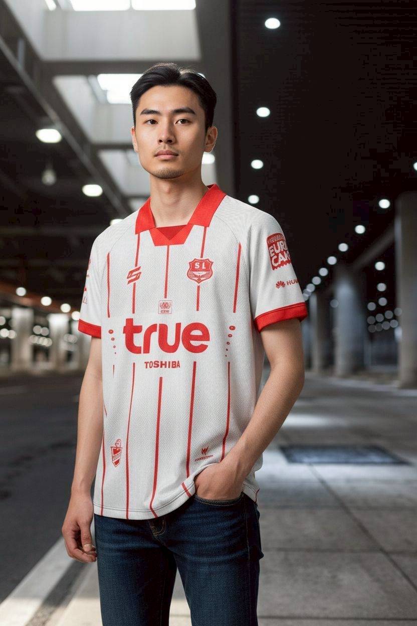 เสื้อฟุตบอล RT559 สีขาวแดง ลายทางตั้ง ทีม True Toshiba เบอร์ 20