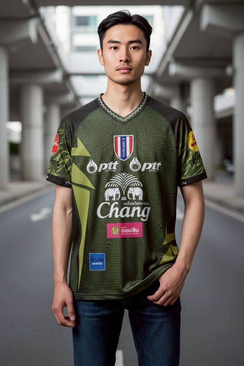 เสื้อฟุตบอล RT521 ลายทหาร สีเขียวพราง ดีไซน์โมเดิร์น