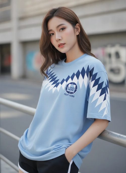 เสื้อโอเวอร์ไซส์ ลายข้าวหลามตัดกรมท่า-ขาว สีฟ้าสกาย