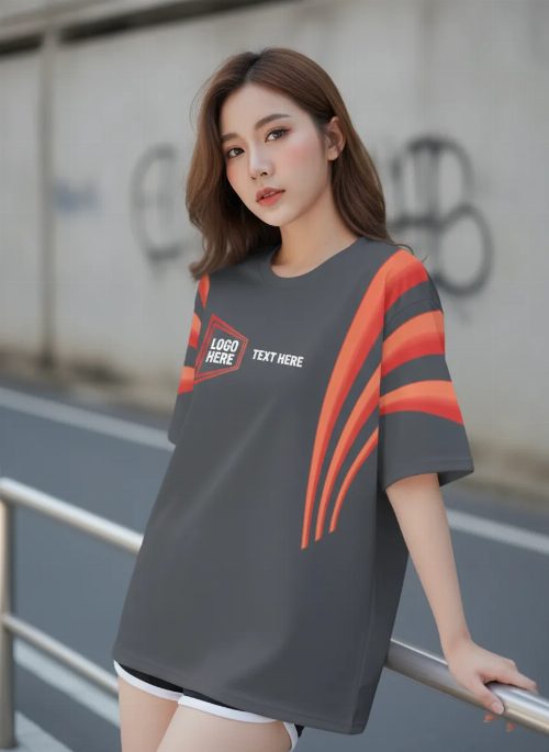 เสื้อโอเวอร์ไซส์ ลายเส้นไล่เฉดแดง-ส้ม สีเทาถ่านเข้ม