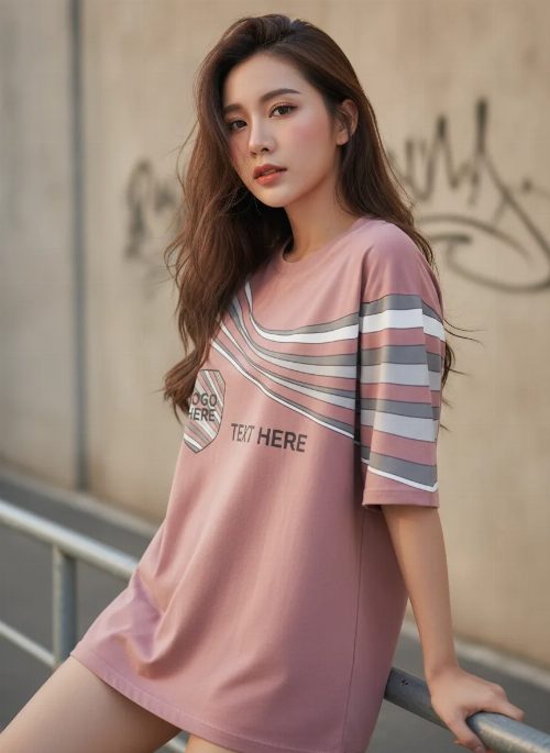 เสื้อโอเวอร์ไซส์ ลายริ้วพัดโค้งเทา-ขาว สีชมพูอมเทา