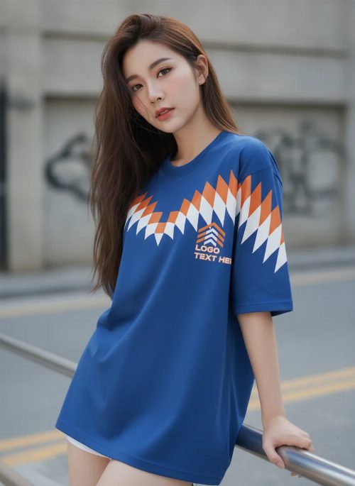 เสื้อโอเวอร์ไซส์ ลายลูกศรส้ม-ขาว สีน้ำเงินรอยัล