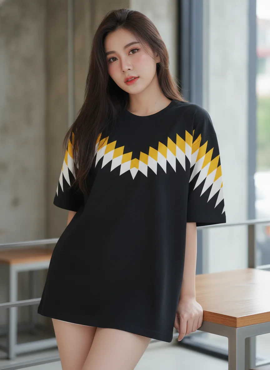 เสื้อโอเวอร์ไซส์ ลายลูกศรซ้อนเหลือง-ขาว สีดำ มุมที่ 2 เสื้อโอเวอร์ไซส์ ลายลูกศรซ้อนเหลือง-ขาว สีดำ มุมที่ 2