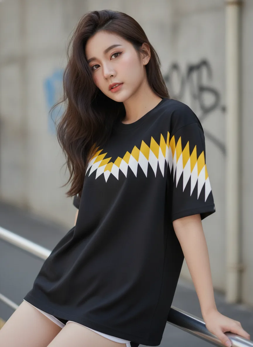 เสื้อโอเวอร์ไซส์ลายลูกศรซ้อนเหลือง-ขาวสีดำ ด้านหน้า