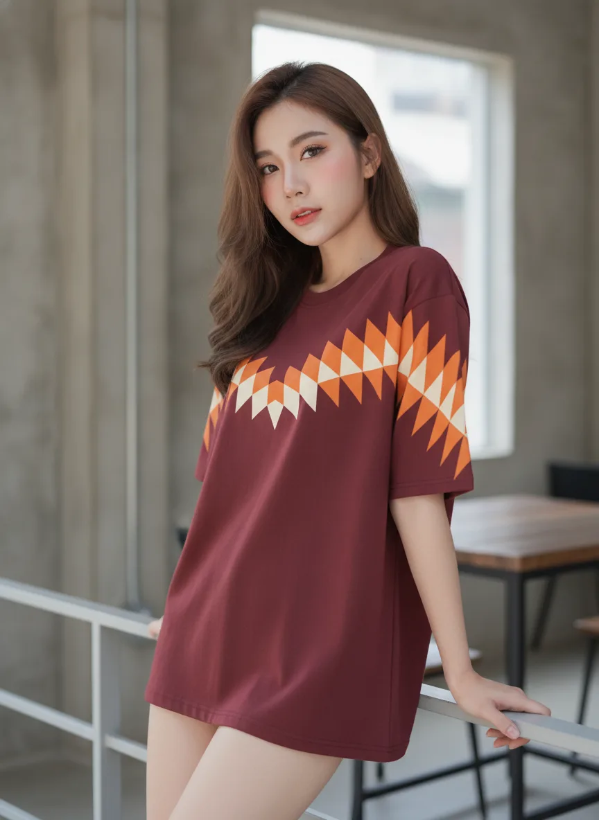 เสื้อโอเวอร์ไซส์ ลายเชฟรอนส้ม-ครีม สีแดงเลือดหมู มุมที่ 2 เสื้อโอเวอร์ไซส์ ลายเชฟรอนส้ม-ครีม สีแดงเลือดหมู มุมที่ 2