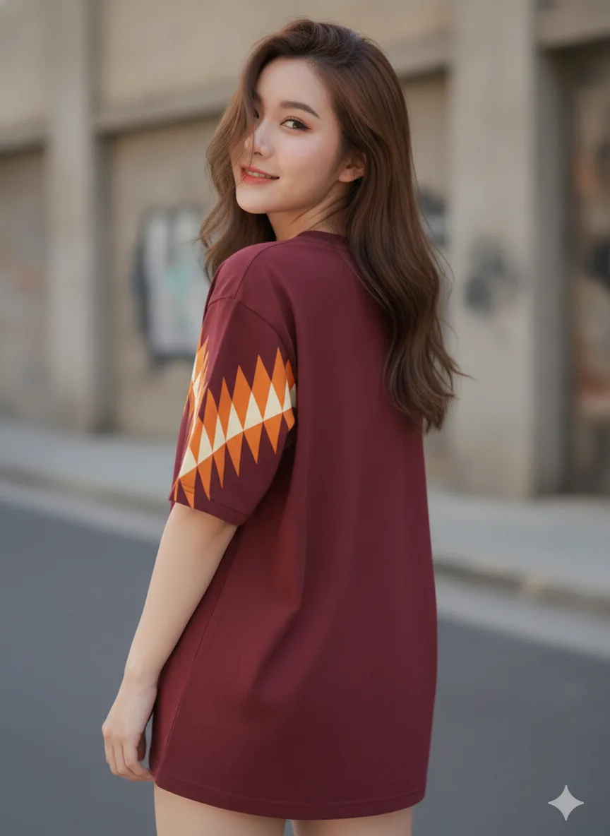 เสื้อโอเวอร์ไซส์ ลายเชฟรอนส้ม-ครีม สีแดงเลือดหมู ด้านหลัง เสื้อโอเวอร์ไซส์ ลายเชฟรอนส้ม-ครีม สีแดงเลือดหมู ด้านหลัง