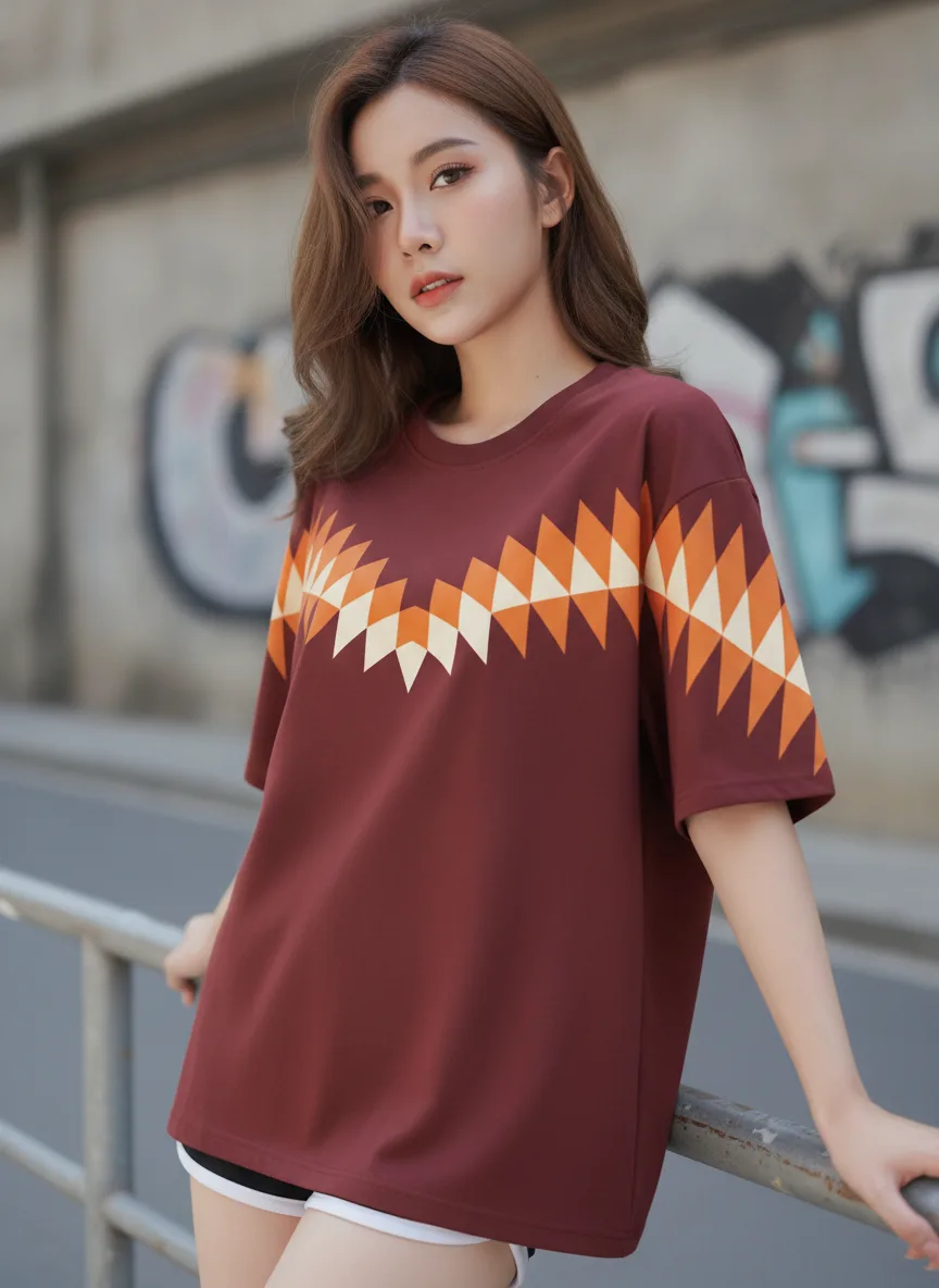เสื้อโอเวอร์ไซส์ลายเชฟรอนส้ม-ครีมสีแดงเลือดหมู ด้านหน้า