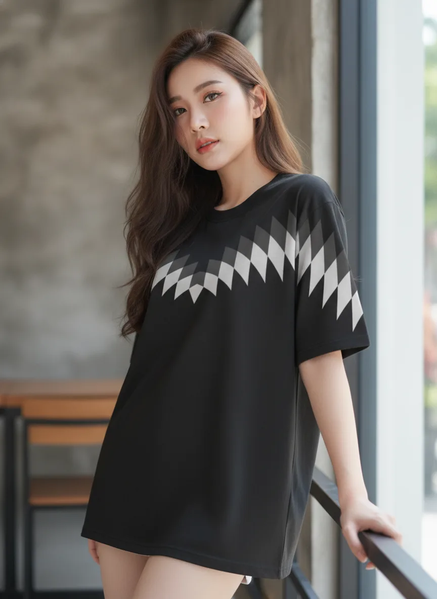 เสื้อโอเวอร์ไซส์ ลายเกล็ดเพชรไล่โทน สีดำ มุมที่ 2 เสื้อโอเวอร์ไซส์ ลายเกล็ดเพชรไล่โทน สีดำ มุมที่ 2