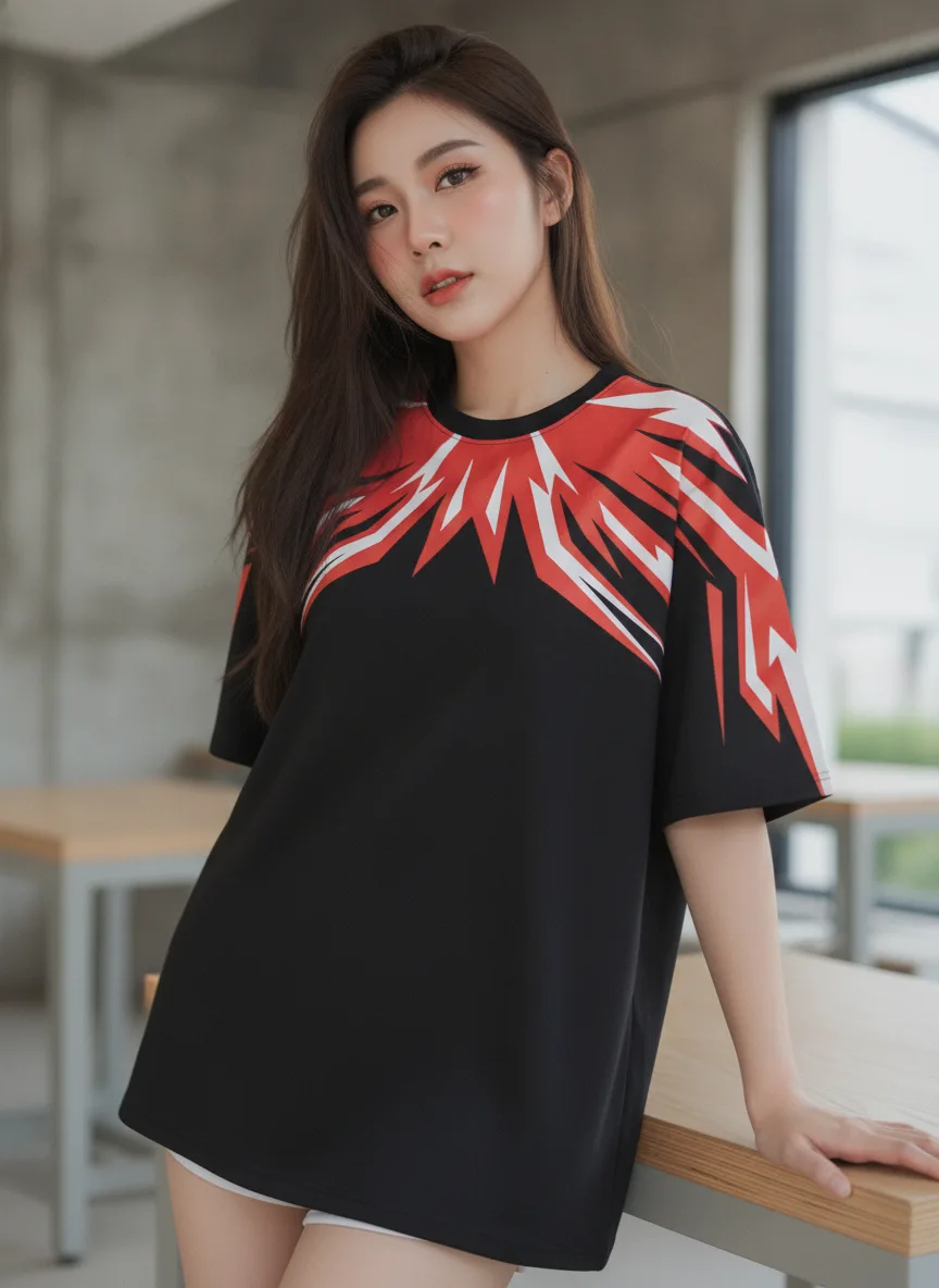 เสื้อโอเวอร์ไซส์ ลายเส้นพุ่งแดง สไตล์กีฬา สีดำ มุมที่ 2 เสื้อโอเวอร์ไซส์ ลายเส้นพุ่งแดง สไตล์กีฬา สีดำ มุมที่ 2