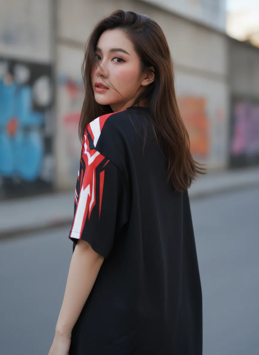 เสื้อโอเวอร์ไซส์ ลายเส้นพุ่งแดง สไตล์กีฬา สีดำ ด้านหลัง เสื้อโอเวอร์ไซส์ ลายเส้นพุ่งแดง สไตล์กีฬา สีดำ ด้านหลัง