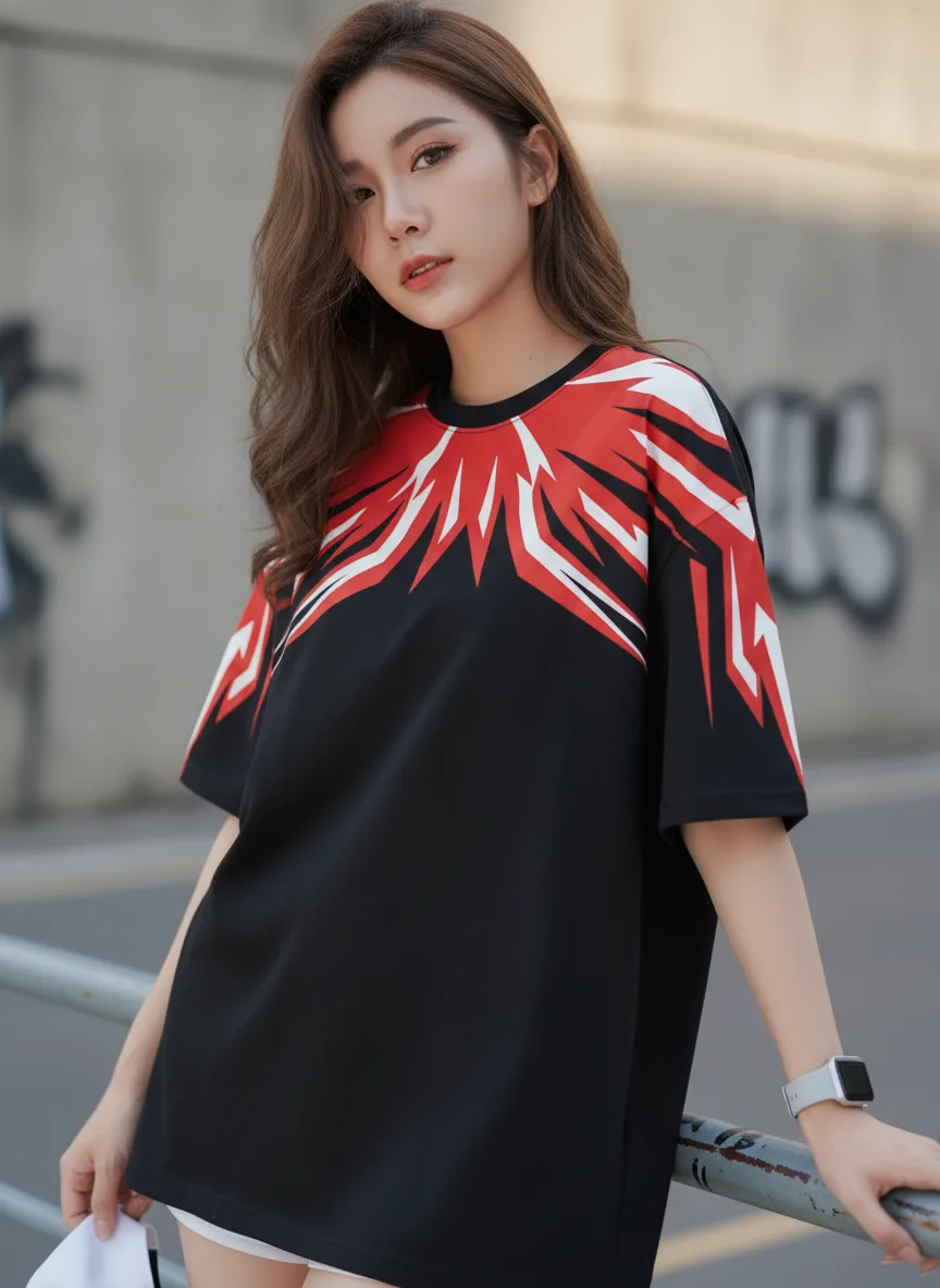เสื้อโอเวอร์ไซส์ลายเส้นพุ่งแดงสีดำ ด้านหน้า