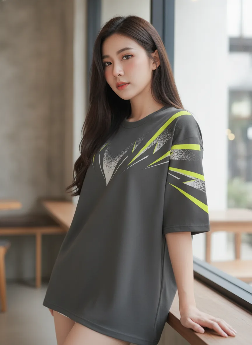 เสื้อโอเวอร์ไซส์ ลายเส้นพุ่งเขียวนีออน สไตล์กีฬา สีเทาถ่าน มุมที่ 2 เสื้อโอเวอร์ไซส์ ลายเส้นพุ่งเขียวนีออน สไตล์กีฬา สีเทาถ่าน มุมที่ 2