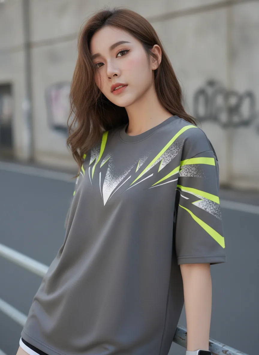 เสื้อโอเวอร์ไซส์ลายเส้นพุ่งเขียวนีออนสีเทาถ่าน ด้านหน้า