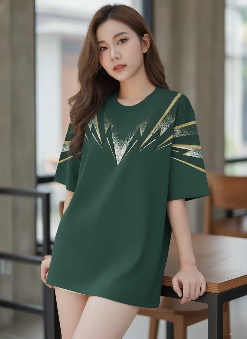 เสื้อโอเวอร์ไซส์ ลายเส้นพุ่งทอง สไตล์กีฬา สีเขียวเข้ม มุมที่ 2 เสื้อโอเวอร์ไซส์ ลายเส้นพุ่งทอง สไตล์กีฬา สีเขียวเข้ม มุมที่ 2
