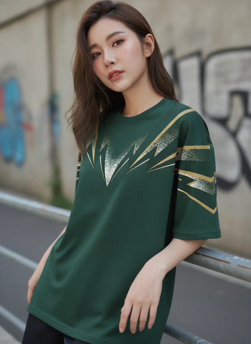 เสื้อโอเวอร์ไซส์ลายเส้นพุ่งทองสีเขียวเข้ม ด้านหน้า เสื้อโอเวอร์ไซส์ลายเส้นพุ่งทองสีเขียวเข้ม ด้านหน้า