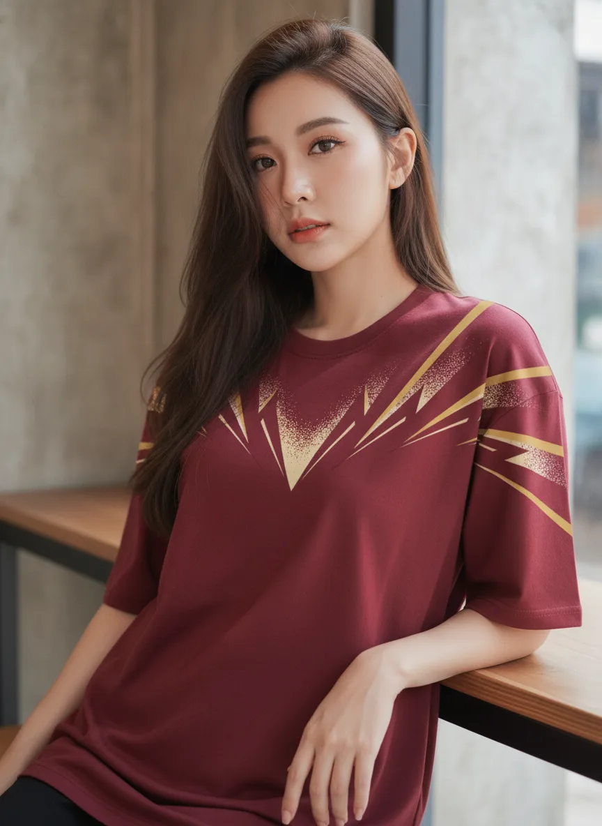 เสื้อโอเวอร์ไซส์ ลายเส้นพุ่งทอง สไตล์กีฬา สีแดงเลือดหมู มุมที่ 2 เสื้อโอเวอร์ไซส์ ลายเส้นพุ่งทอง สไตล์กีฬา สีแดงเลือดหมู มุมที่ 2