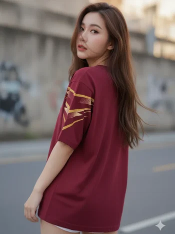 เสื้อโอเวอร์ไซส์ ลายเส้นพุ่งทอง สไตล์กีฬา สีแดงเลือดหมู ด้านหลัง