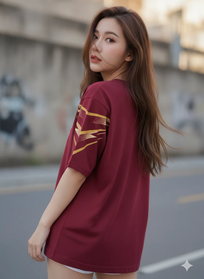 เสื้อโอเวอร์ไซส์ ลายเส้นพุ่งทอง สไตล์กีฬา สีแดงเลือดหมู ด้านหลัง เสื้อโอเวอร์ไซส์ ลายเส้นพุ่งทอง สไตล์กีฬา สีแดงเลือดหมู ด้านหลัง