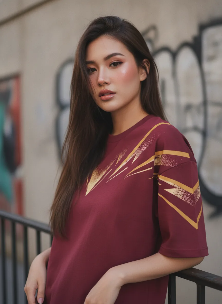 เสื้อโอเวอร์ไซส์ลายเส้นพุ่งทองสีแดงเลือดหมู ด้านหน้า