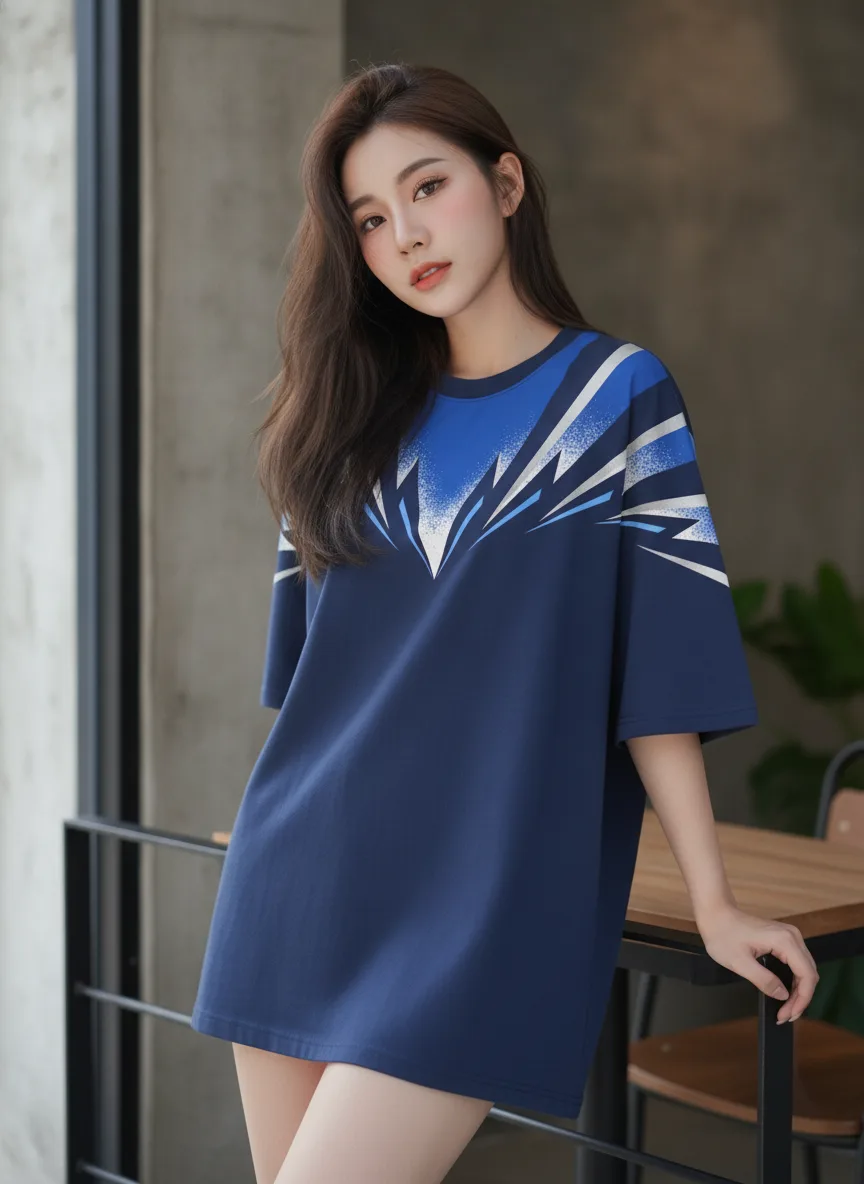 เสื้อโอเวอร์ไซส์ ลายเส้นพุ่งฟ้า สไตล์กีฬา สีกรมท่า มุมที่ 2 เสื้อโอเวอร์ไซส์ ลายเส้นพุ่งฟ้า สไตล์กีฬา สีกรมท่า มุมที่ 2