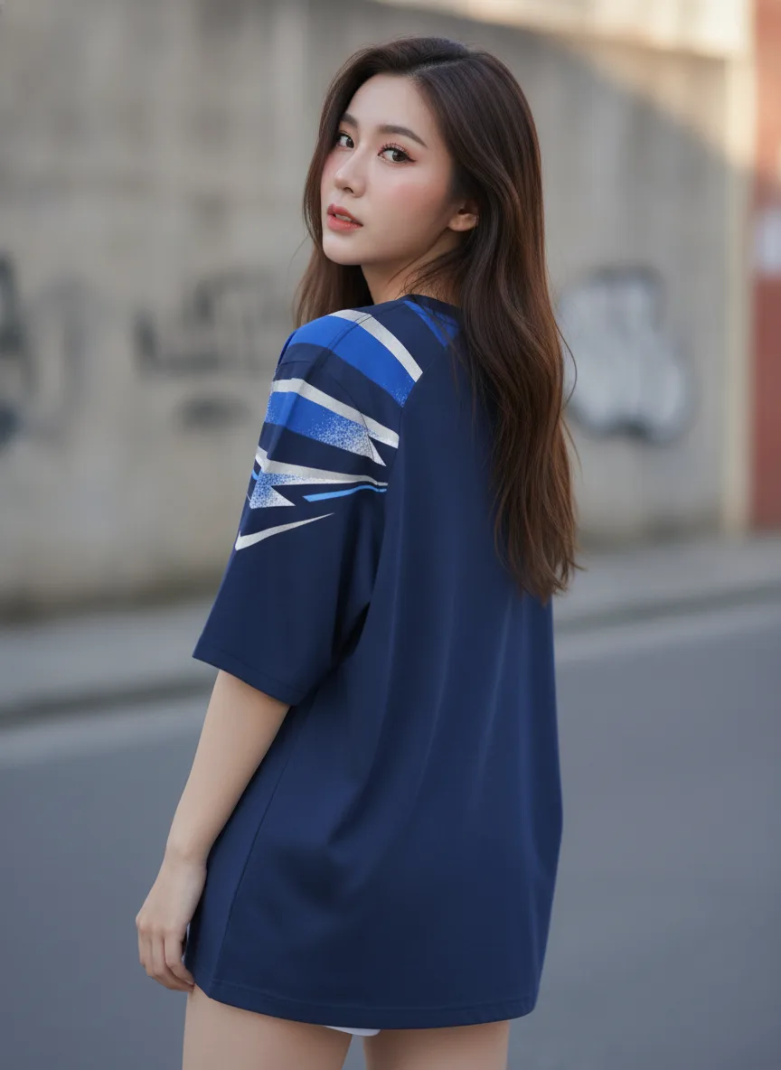เสื้อโอเวอร์ไซส์ ลายเส้นพุ่งฟ้า สไตล์กีฬา สีกรมท่า ด้านหลัง เสื้อโอเวอร์ไซส์ ลายเส้นพุ่งฟ้า สไตล์กีฬา สีกรมท่า ด้านหลัง