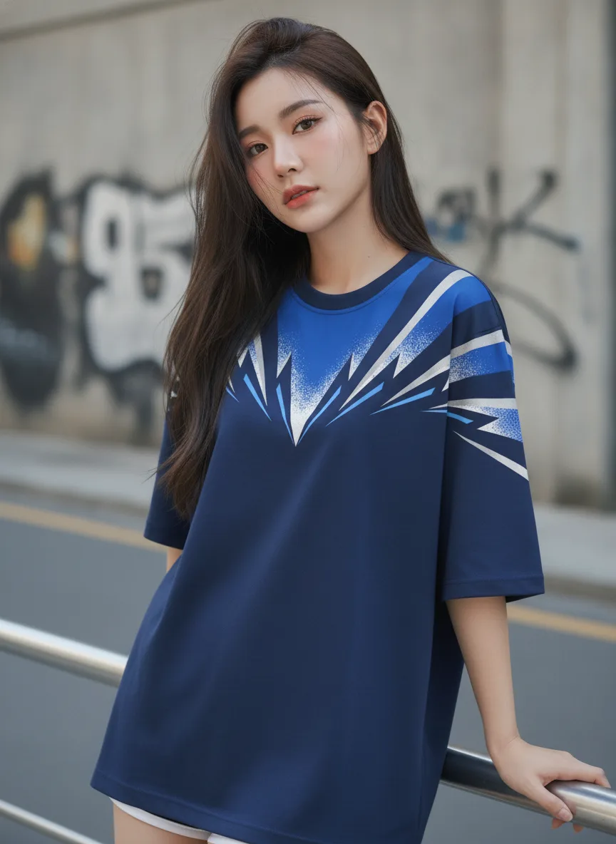 เสื้อโอเวอร์ไซส์ลายเส้นพุ่งฟ้าสีกรมท่า ด้านหน้า เสื้อโอเวอร์ไซส์ลายเส้นพุ่งฟ้าสีกรมท่า ด้านหน้า