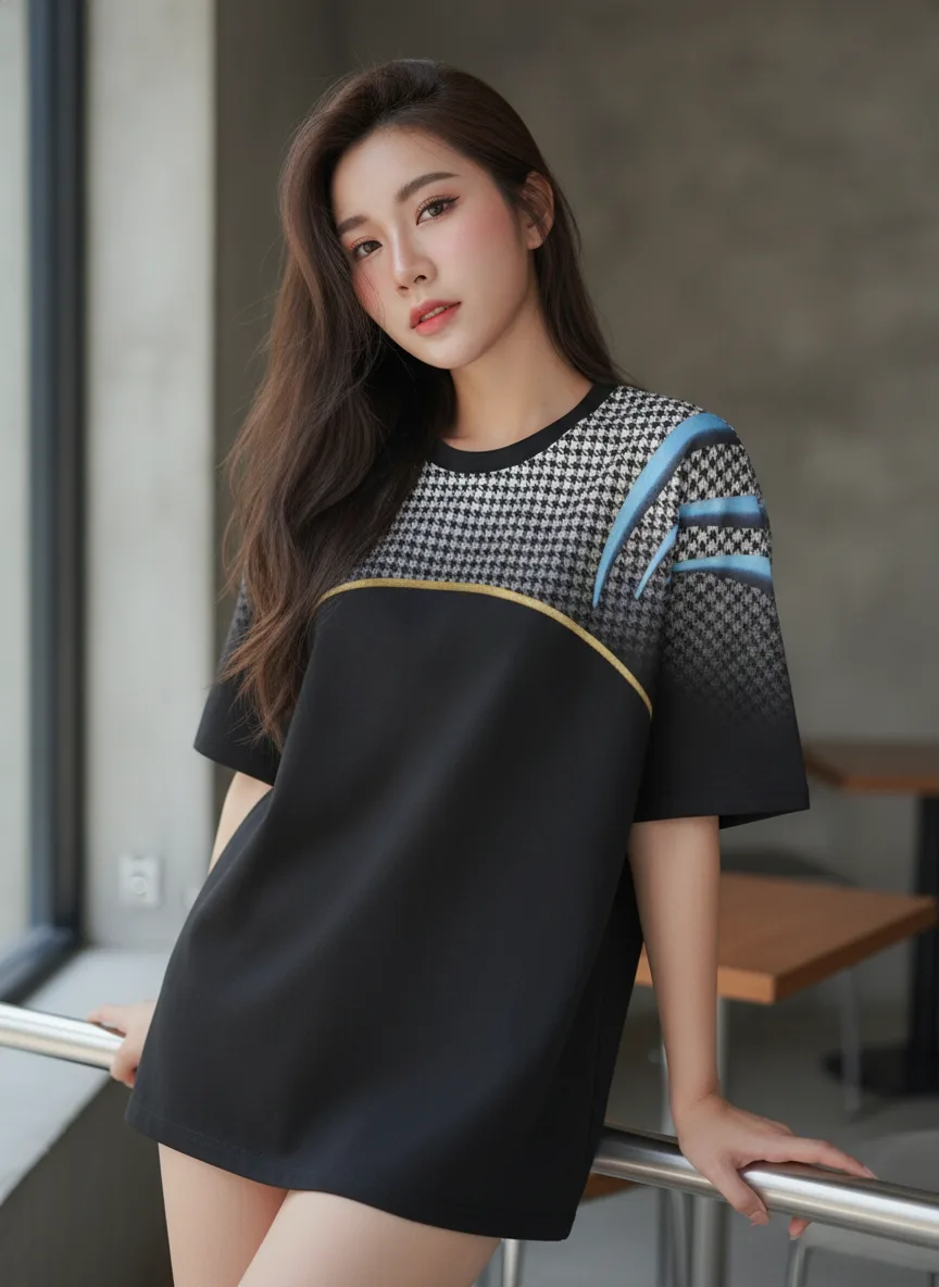 เสื้อโอเวอร์ไซส์ ลายฮาวด์ทูธ ขอบทอง สีดำ มุมที่ 2 เสื้อโอเวอร์ไซส์ ลายฮาวด์ทูธ ขอบทอง สีดำ มุมที่ 2