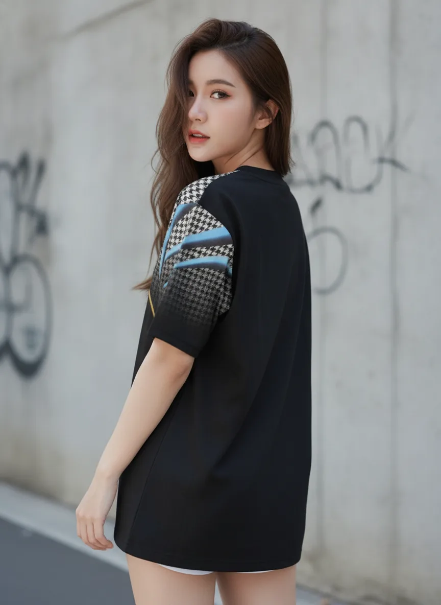 เสื้อโอเวอร์ไซส์ ลายฮาวด์ทูธ ขอบทอง สีดำ ด้านหลัง เสื้อโอเวอร์ไซส์ ลายฮาวด์ทูธ ขอบทอง สีดำ ด้านหลัง