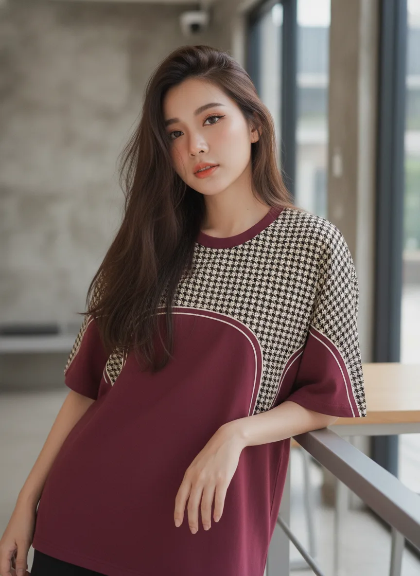 เสื้อโอเวอร์ไซส์ ลายฮาวด์ทูธ ขลิบขาว สีแดงเลือดหมู มุมที่ 2 เสื้อโอเวอร์ไซส์ ลายฮาวด์ทูธ ขลิบขาว สีแดงเลือดหมู มุมที่ 2