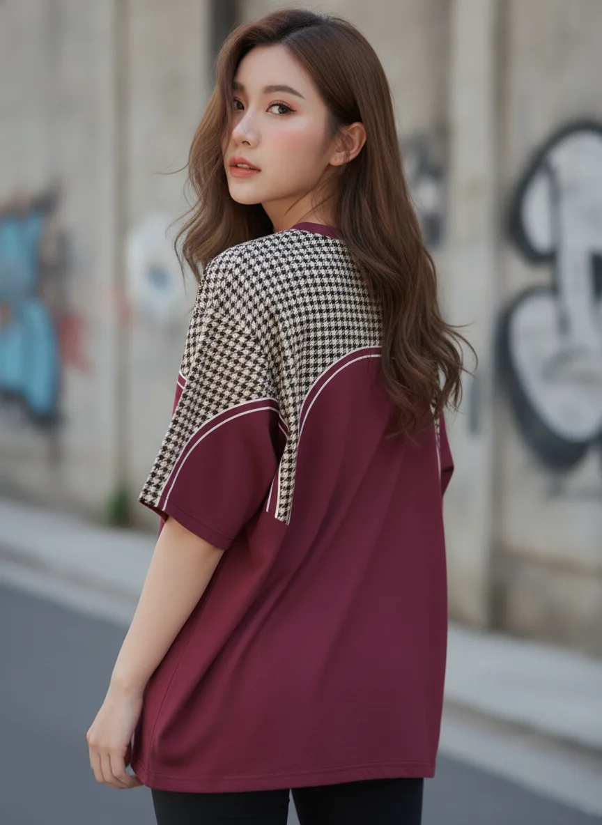 เสื้อโอเวอร์ไซส์ ลายฮาวด์ทูธ ขลิบขาว สีแดงเลือดหมู ด้านหลัง เสื้อโอเวอร์ไซส์ ลายฮาวด์ทูธ ขลิบขาว สีแดงเลือดหมู ด้านหลัง