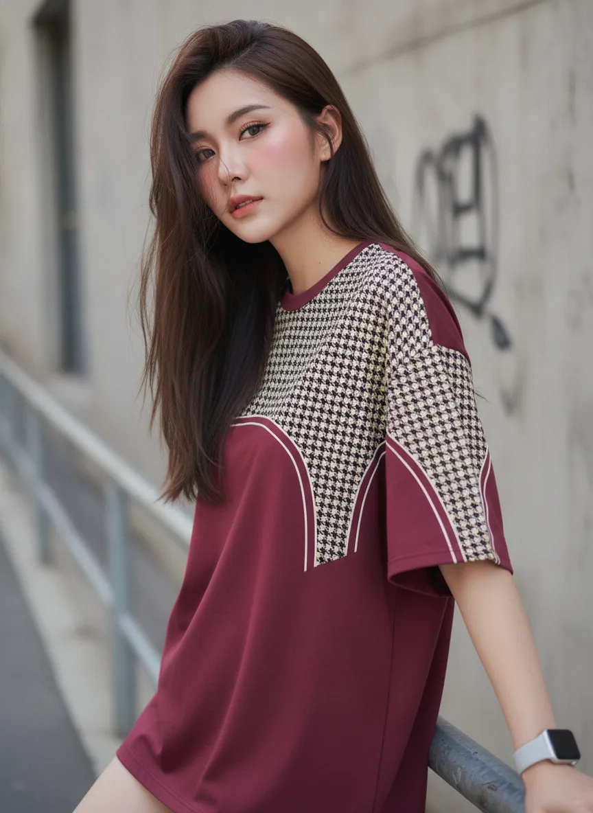 เสื้อโอเวอร์ไซส์ลายฮาวด์ทูธสีแดงเลือดหมูขลิบขาว ด้านหน้า