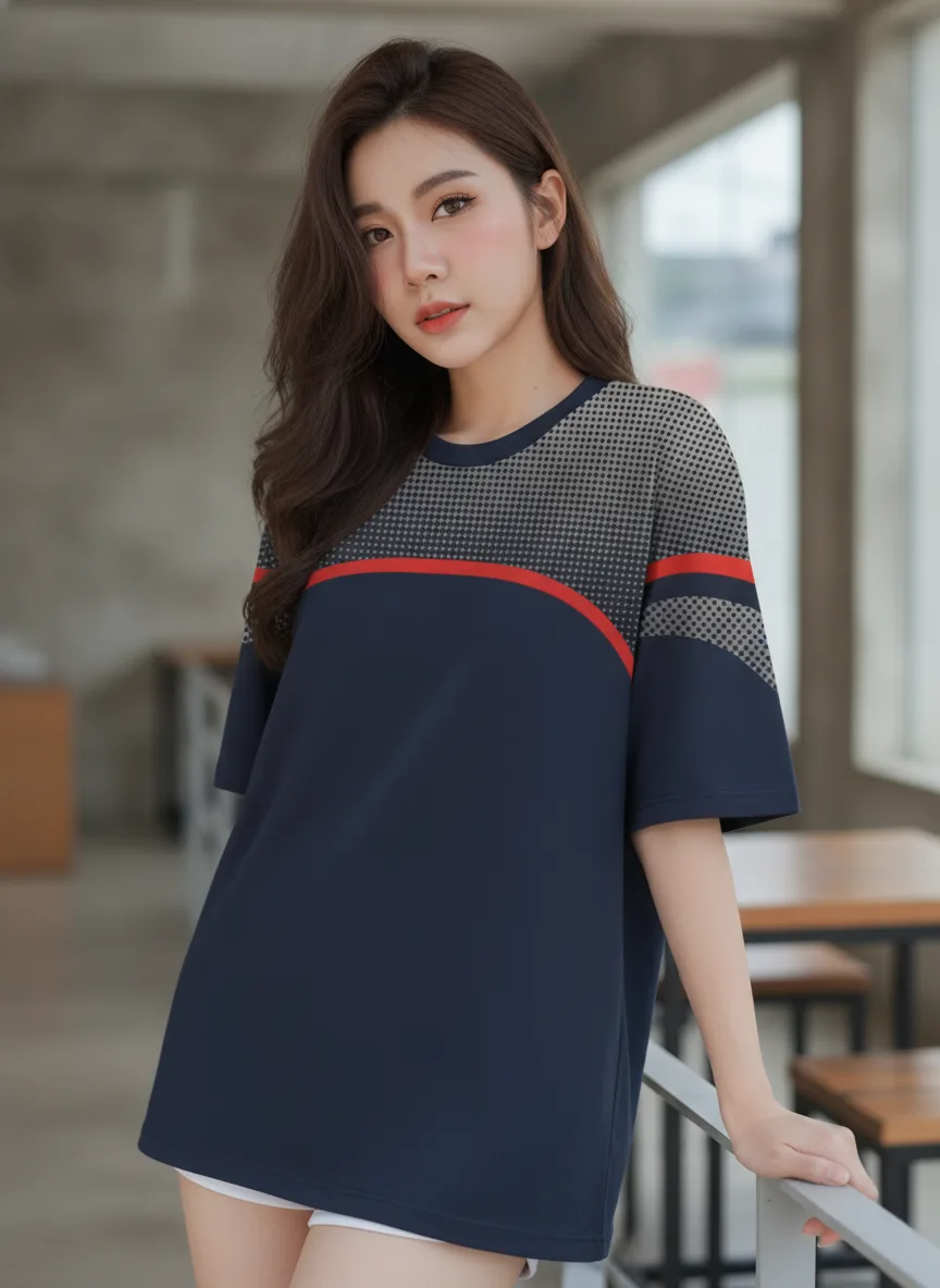 เสื้อโอเวอร์ไซส์ ลายฮาวด์ทูธ ขลิบแดง สีกรมท่า มุมที่ 2 เสื้อโอเวอร์ไซส์ ลายฮาวด์ทูธ ขลิบแดง สีกรมท่า มุมที่ 2