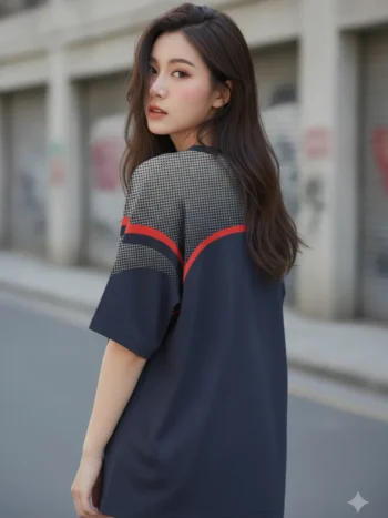 เสื้อโอเวอร์ไซส์ ลายฮาวด์ทูธ ขลิบแดง สีกรมท่า ด้านหลัง