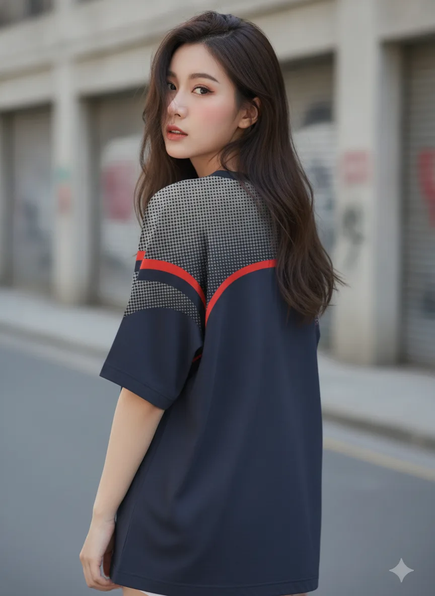 เสื้อโอเวอร์ไซส์ ลายฮาวด์ทูธ ขลิบแดง สีกรมท่า ด้านหลัง เสื้อโอเวอร์ไซส์ ลายฮาวด์ทูธ ขลิบแดง สีกรมท่า ด้านหลัง