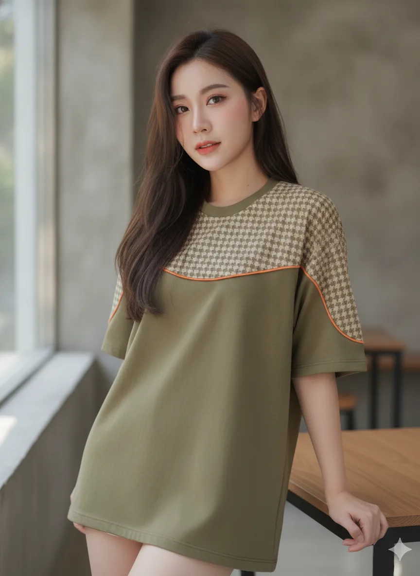 เสื้อโอเวอร์ไซส์ ลายฮาวด์ทูธ โทนดิน ขลิบส้ม สีเขียวมะกอก มุมที่ 2 เสื้อโอเวอร์ไซส์ ลายฮาวด์ทูธ โทนดิน ขลิบส้ม สีเขียวมะกอก มุมที่ 2