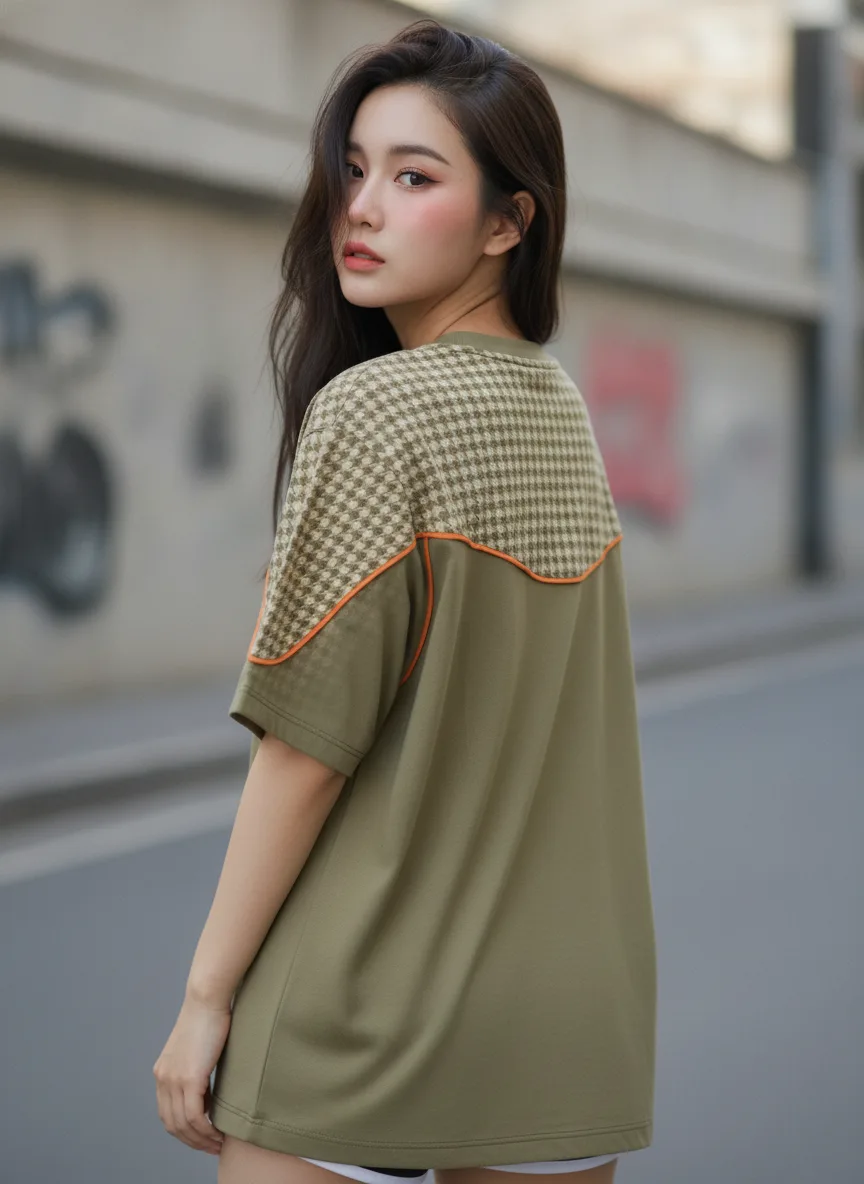 เสื้อโอเวอร์ไซส์ ลายฮาวด์ทูธ โทนดิน ขลิบส้ม สีเขียวมะกอก ด้านหลัง เสื้อโอเวอร์ไซส์ ลายฮาวด์ทูธ โทนดิน ขลิบส้ม สีเขียวมะกอก ด้านหลัง
