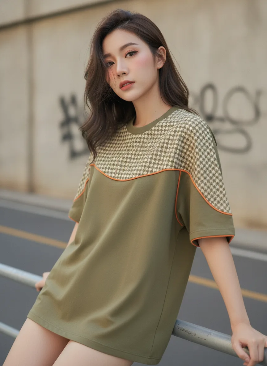 เสื้อโอเวอร์ไซส์ลายฮาวด์ทูธสีเขียวมะกอกขลิบส้ม ด้านหน้า