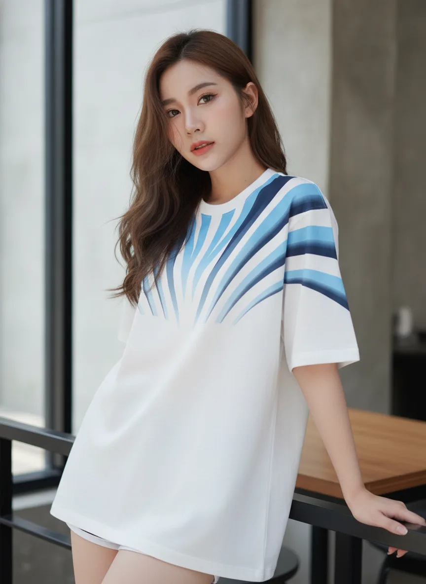 เสื้อโอเวอร์ไซส์ ลายเส้นโค้งพัดกระจาย สีฟ้าอ่อน มุมที่ 2 เสื้อโอเวอร์ไซส์ ลายเส้นโค้งพัดกระจาย สีฟ้าอ่อน มุมที่ 2