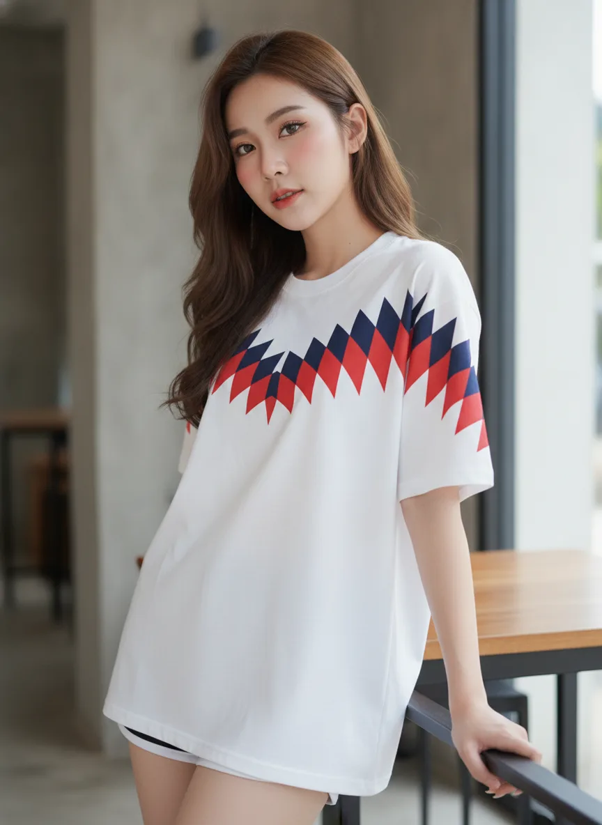 เสื้อโอเวอร์ไซส์ ลายแซชซิกแซกแดง-กรมท่า สีขาว มุมที่ 2 เสื้อโอเวอร์ไซส์ ลายแซชซิกแซกแดง-กรมท่า สีขาว มุมที่ 2