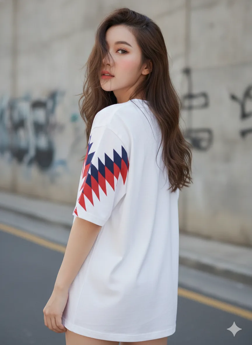 เสื้อโอเวอร์ไซส์ ลายแซชซิกแซกแดง-กรมท่า สีขาว ด้านหลัง เสื้อโอเวอร์ไซส์ ลายแซชซิกแซกแดง-กรมท่า สีขาว ด้านหลัง