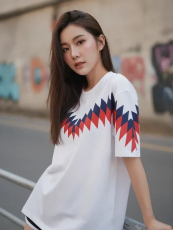 เสื้อโอเวอร์ไซส์ลายแซชซิกแซกแดง-กรมท่าสีขาว ด้านหน้า