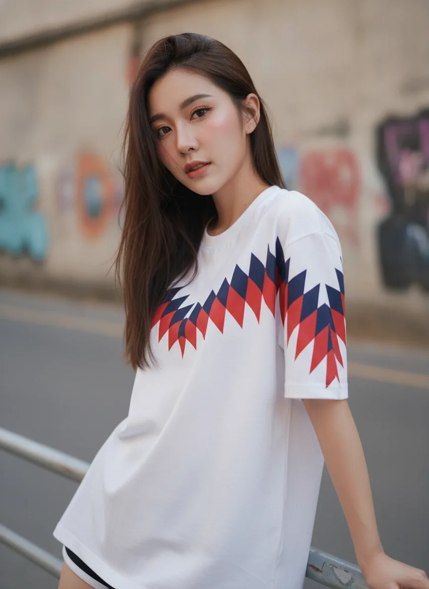 เสื้อโอเวอร์ไซส์ลายแซชซิกแซกแดง-กรมท่าสีขาว ด้านหน้า เสื้อโอเวอร์ไซส์ลายแซชซิกแซกแดง-กรมท่าสีขาว ด้านหน้า