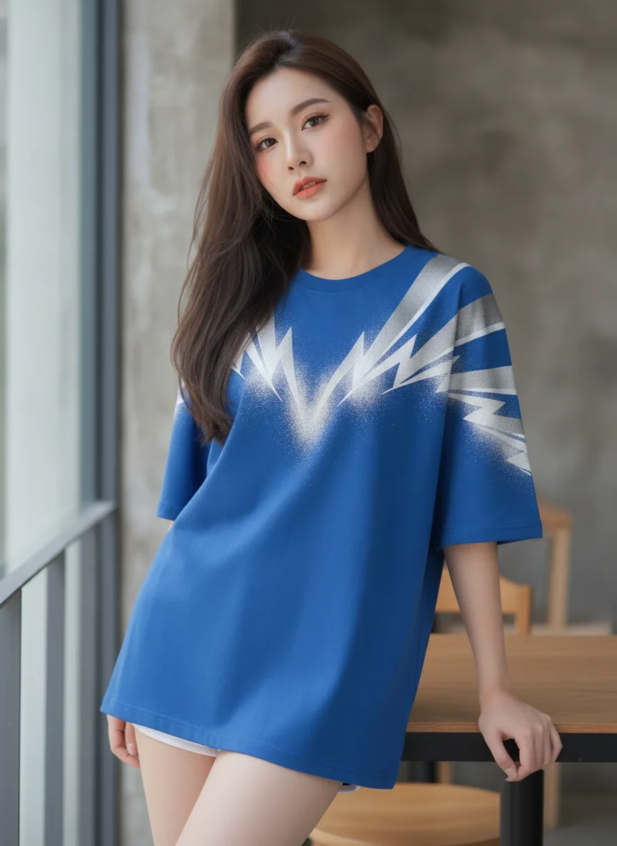 เสื้อโอเวอร์ไซส์ ลายสายฟ้าดาวกระจาย สีน้ำเงิน มุมที่ 2 เสื้อโอเวอร์ไซส์ ลายสายฟ้าดาวกระจาย สีน้ำเงิน มุมที่ 2